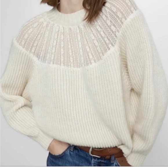 ZARA Lace Yoke Wool Alpaca Blend Knit Sweater Large Grandmacore Cottagecore - Picture 1 of 1